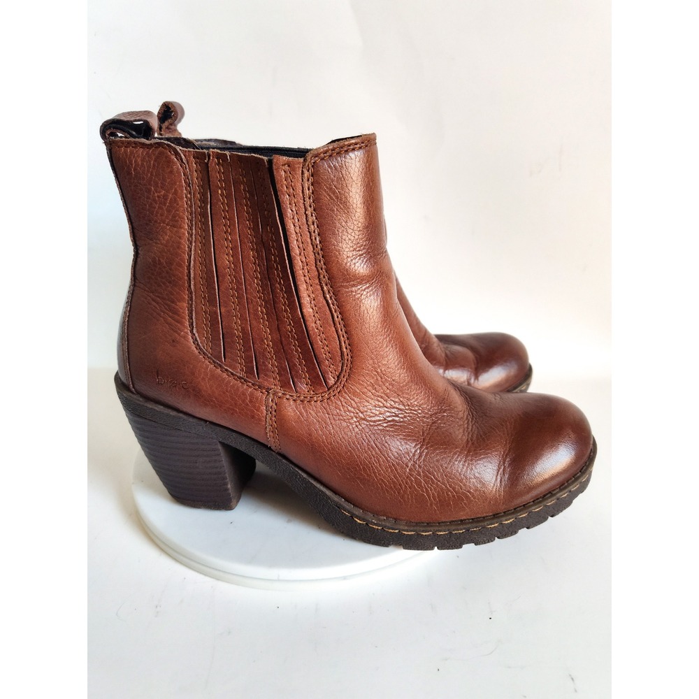 Born Ankle Boots 7.5 Chelsea Pebbled Leather Brown Block Heel Lug Sole Slip On